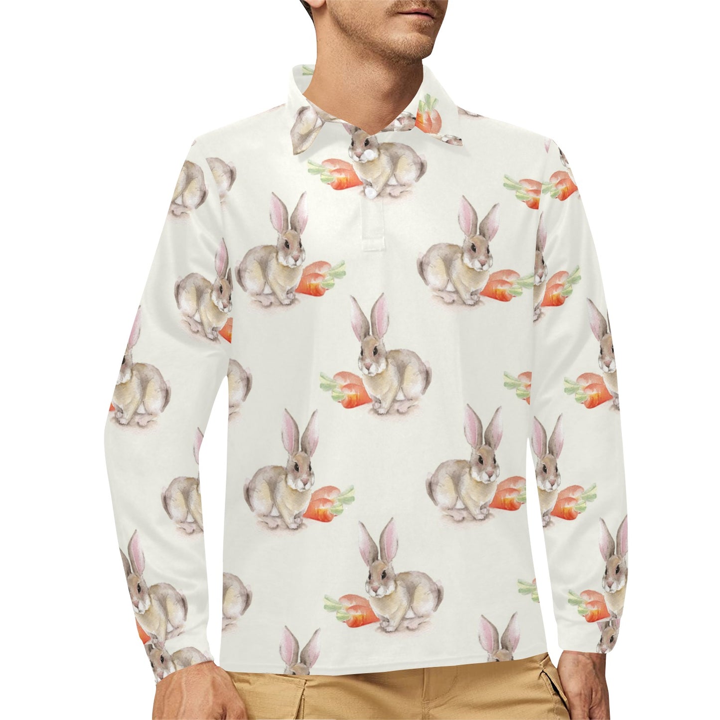 Rabbit Pattern Print Design 01 Long Sleeve Polo Shirt For Men's
