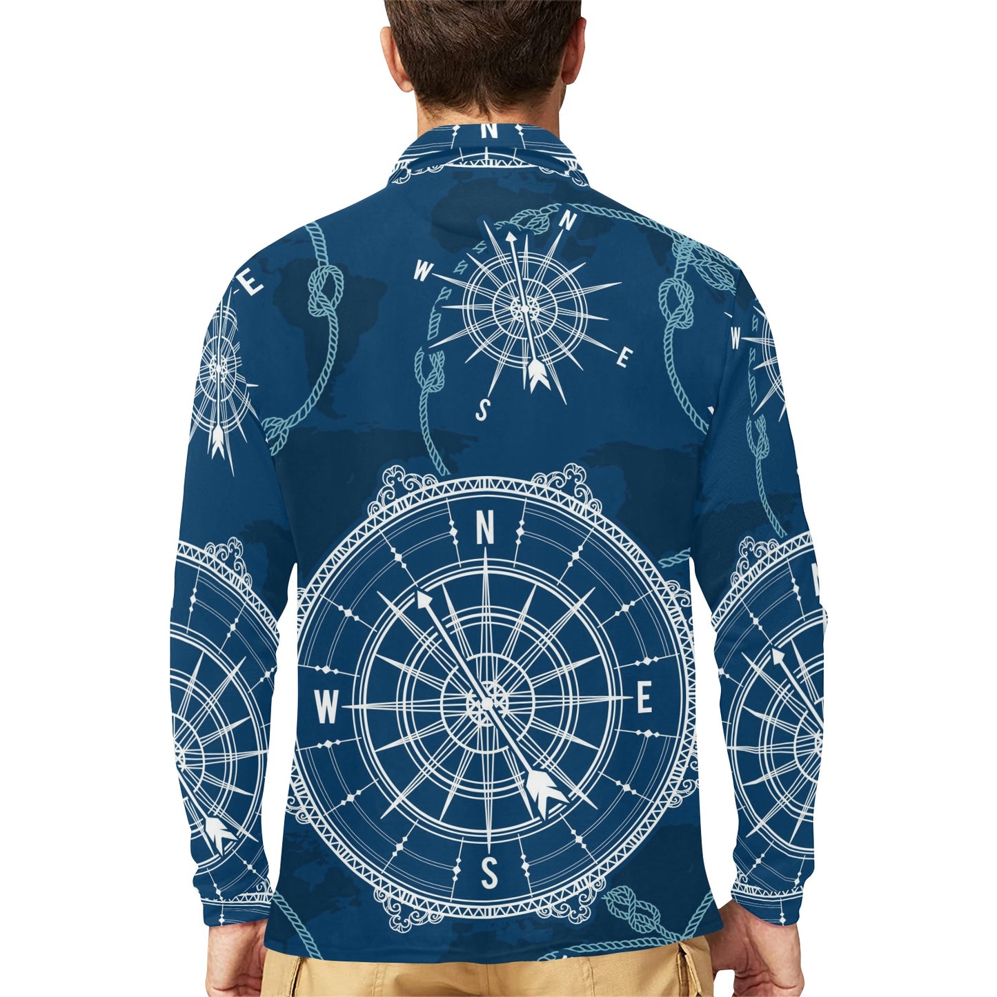 Nautical Compass Print Long Sleeve Polo Shirt For Men's