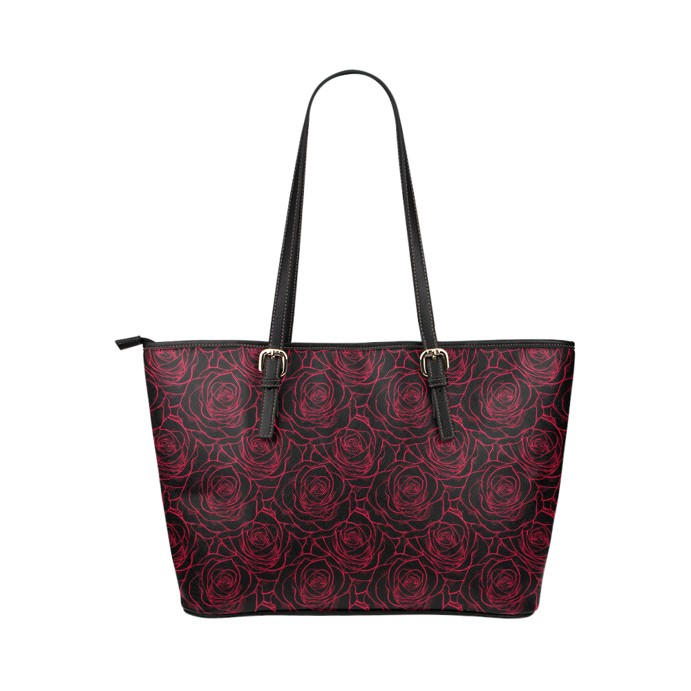 Red Rose Design Print Leather Tote Bag