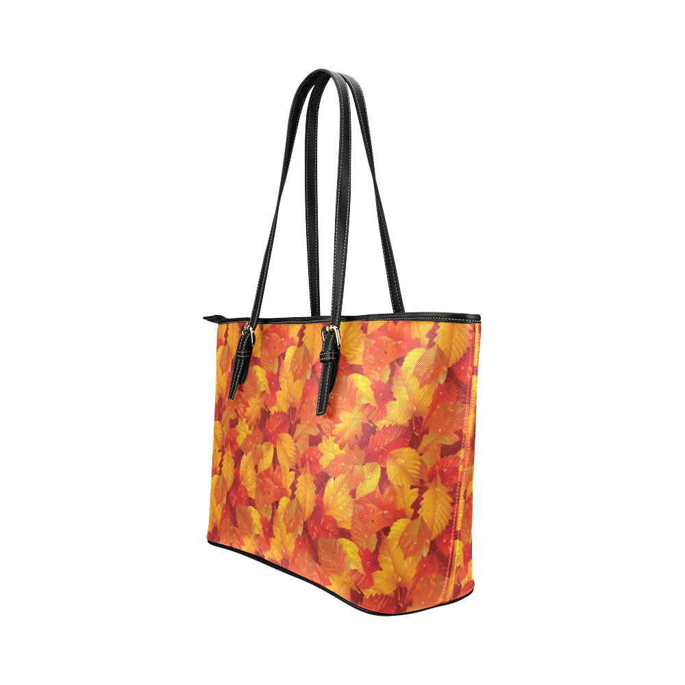 Elm Leave Autum Print Pattern Leather Tote Bag