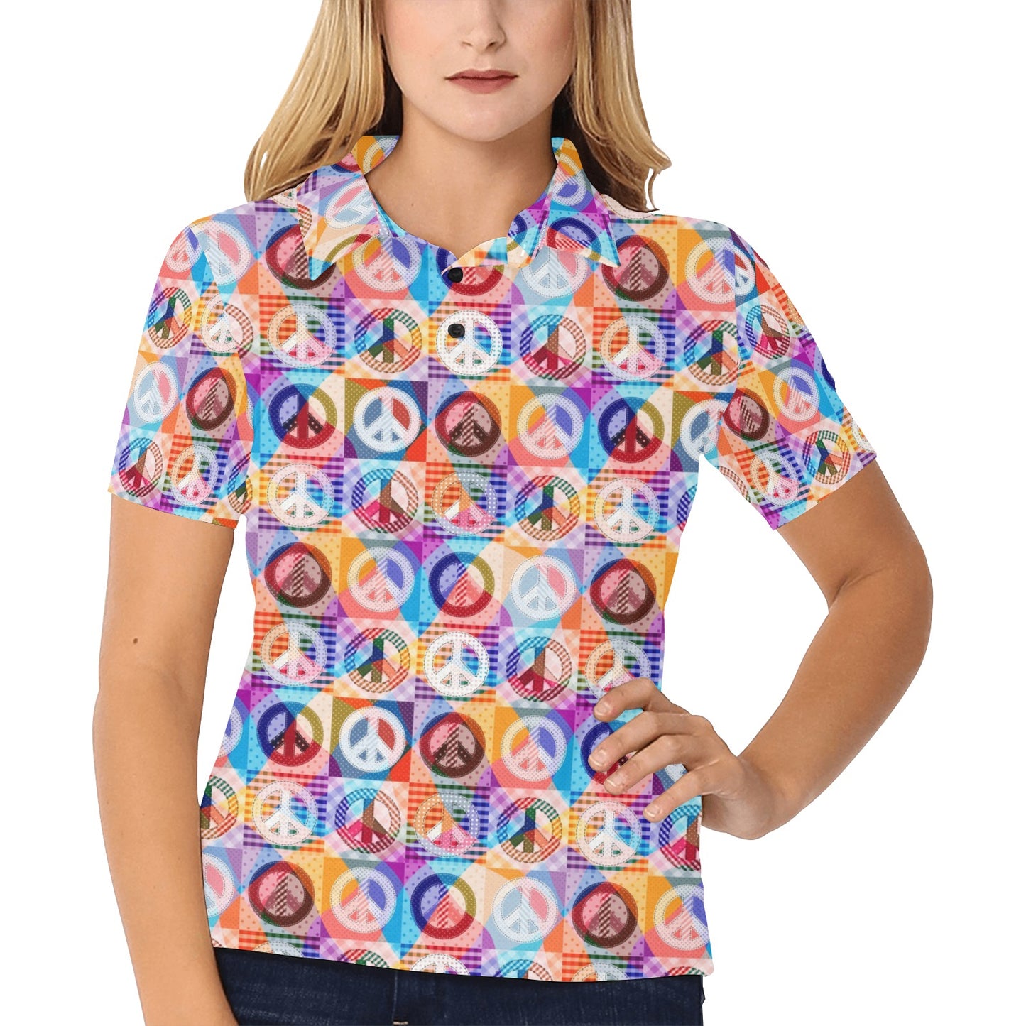Peace Sign Patchwork Design Print Women's Polo Shirt
