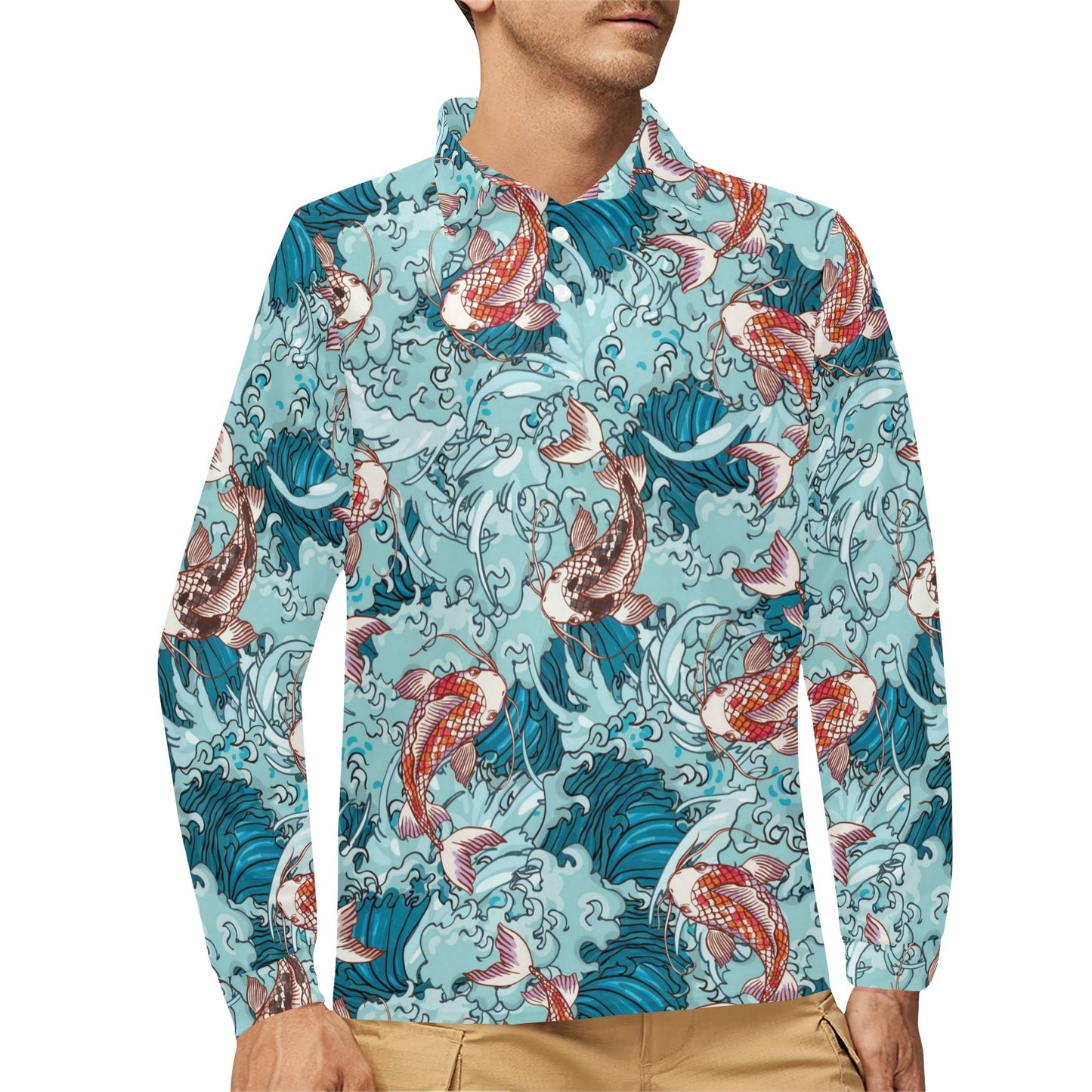 KOI Fish Pattern Print Design 05 Long Sleeve Polo Shirt For Men's