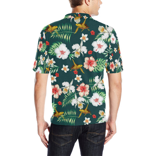 Hawaiian Flower Design with SeaTurtle Print Men Polo Shirt