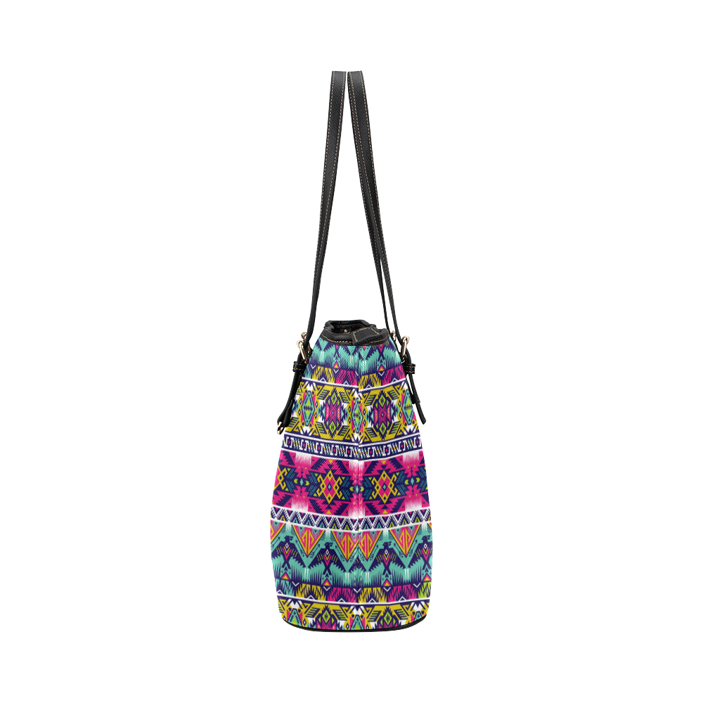Indian Navajo Color Themed Design Print Leather Tote Bag