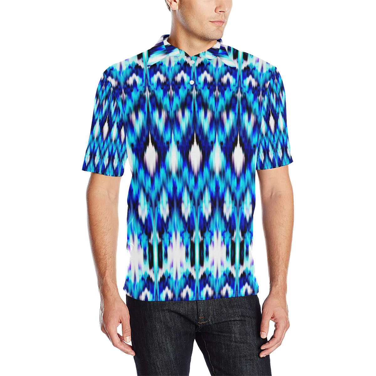 Ikat Blue Pattern Print Design 01 Men Polo Shirt
