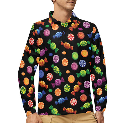 Candy Pattern Print Design 01 Long Sleeve Polo Shirt For Men's