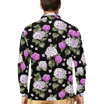 Hydrangea Pattern Print Design HD011 Long Sleeve Polo Shirt For Men's