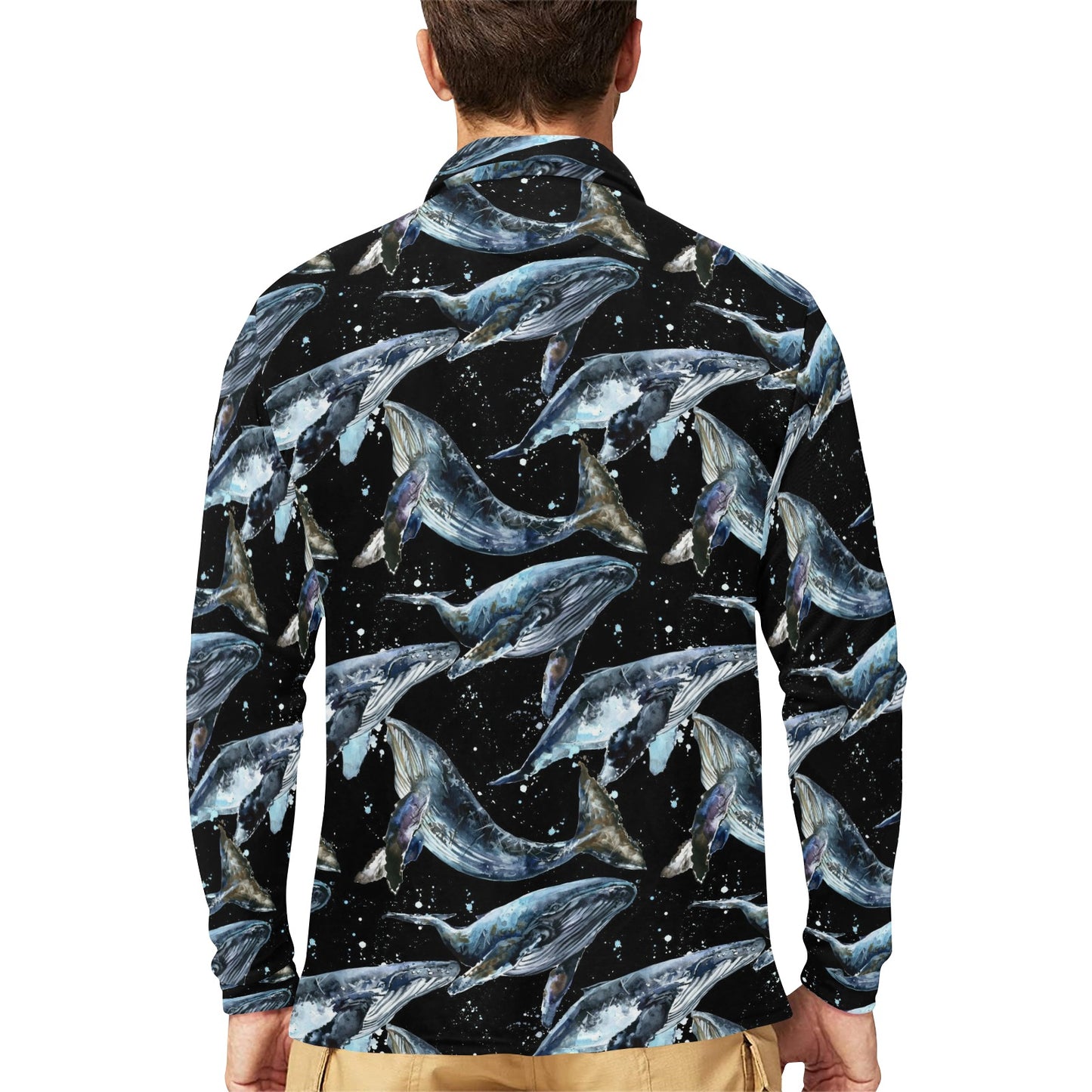 Humpback Whale Pattern Print Design 01 Long Sleeve Polo Shirt For Men's