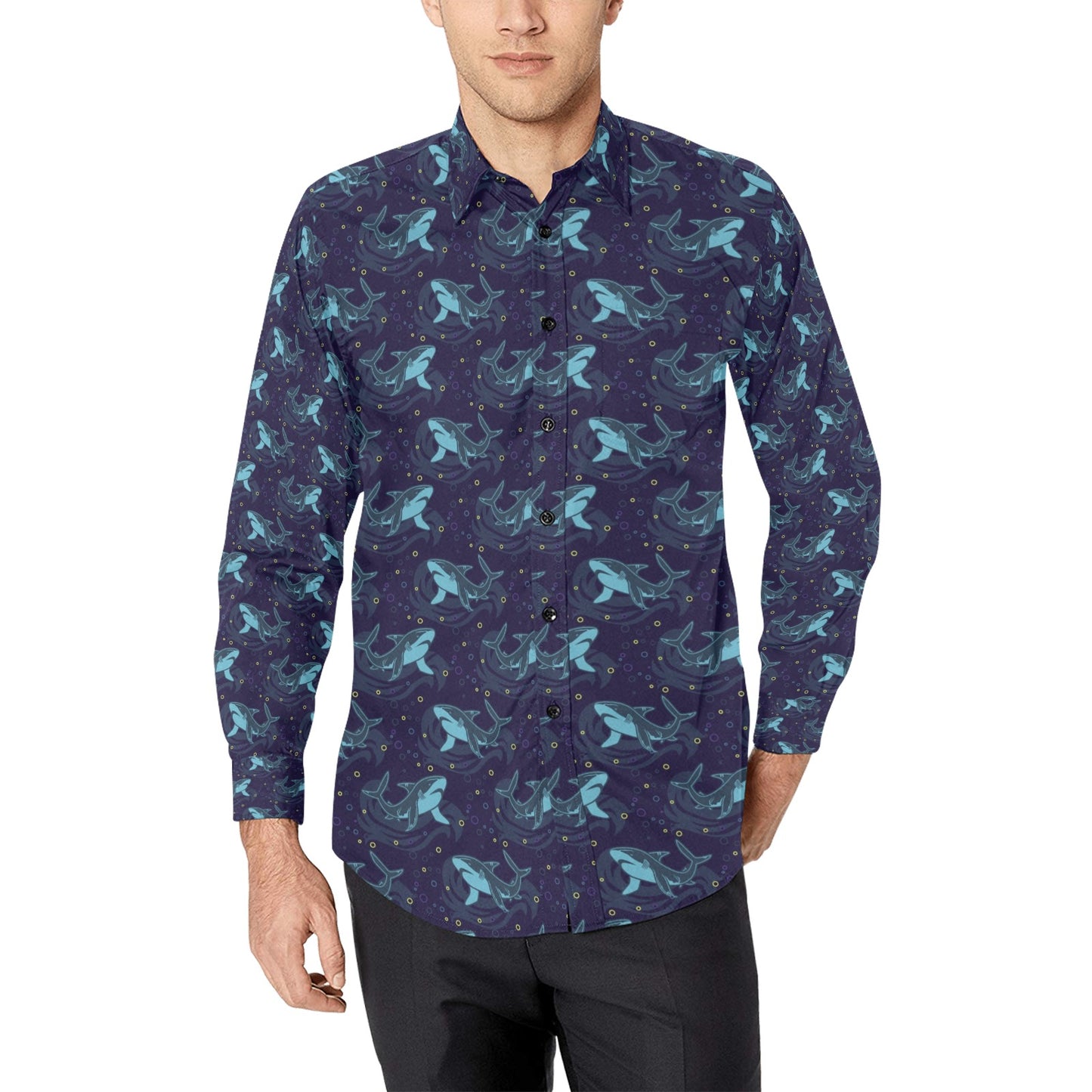 Shark Print Design LKS306 Men's Long Sleeve Dress Shirt