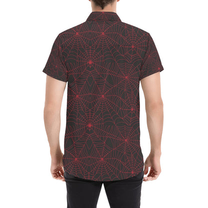 Spider Web Red Print Design LKS302 Men Short Sleeve Button Up Shirt