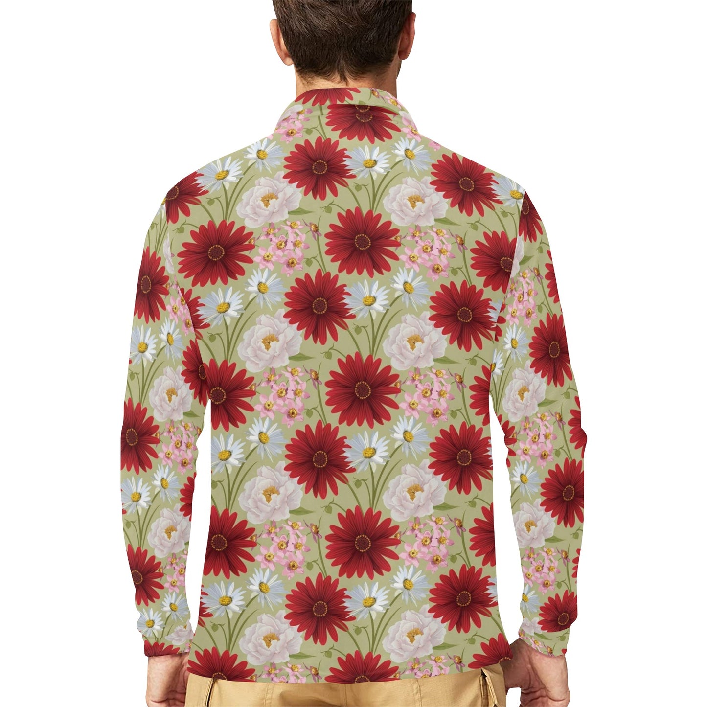 Gerberas Pattern Print Design GB07 Long Sleeve Polo Shirt For Men's