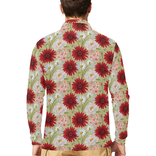Gerberas Pattern Print Design GB07 Long Sleeve Polo Shirt For Men's
