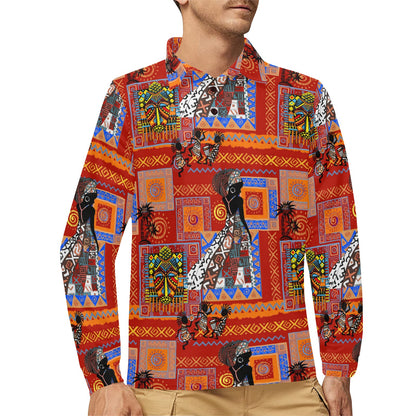 African Print Pattern Long Sleeve Polo Shirt For Men's