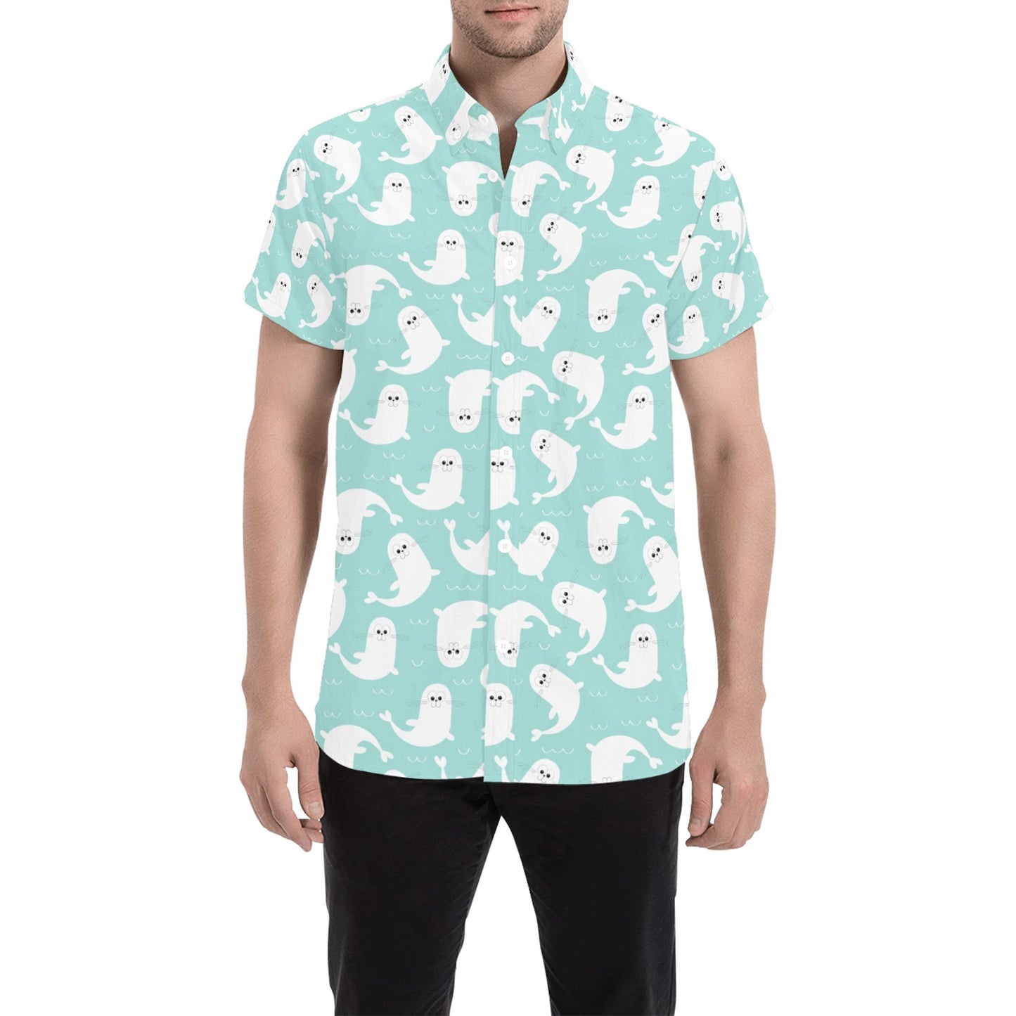 Sea Lion Print Design LKS401 Men Short Sleeve Button Up Shirt