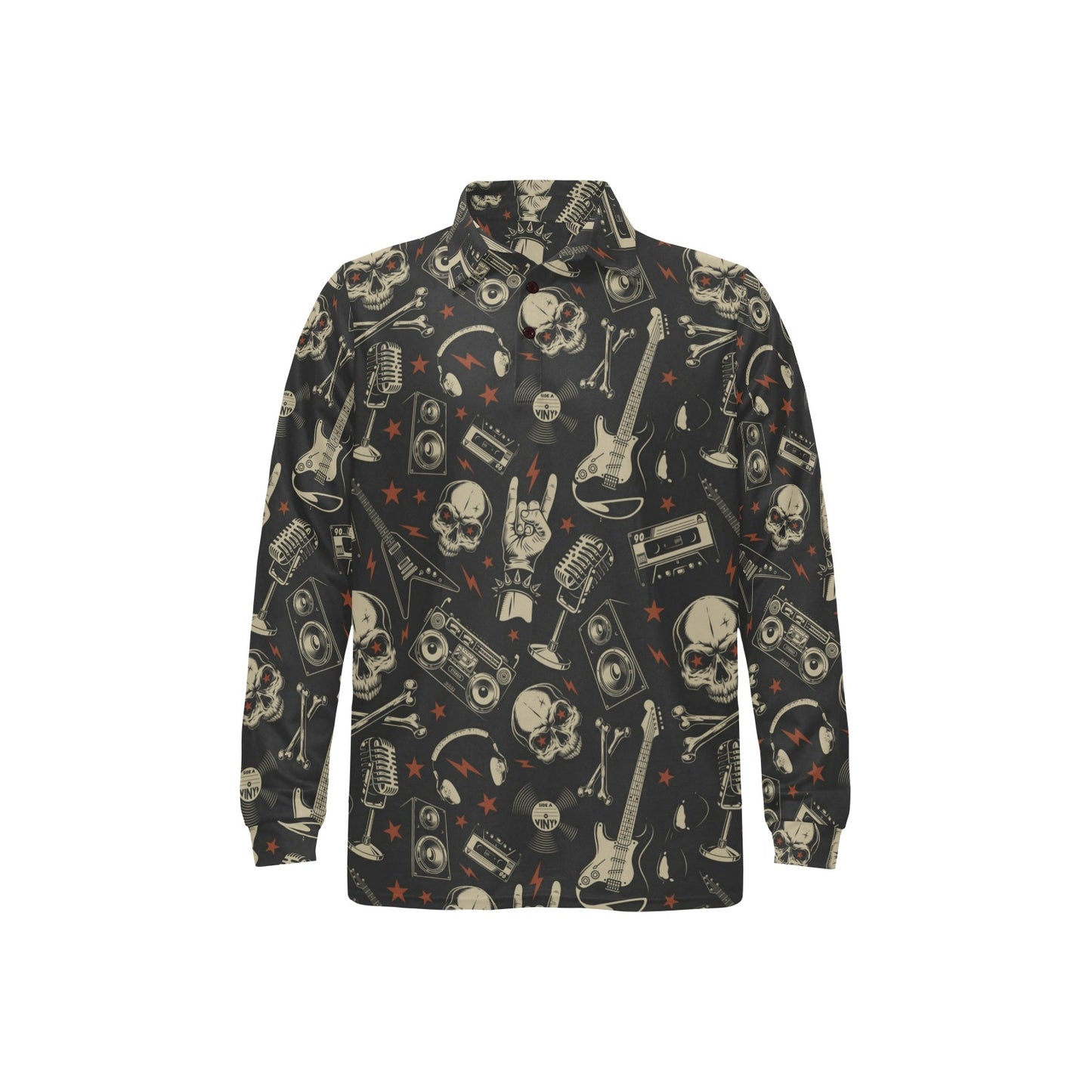 Rock and Roll Skull Pattern Print Design A03 Long Sleeve Polo Shirt For Men's