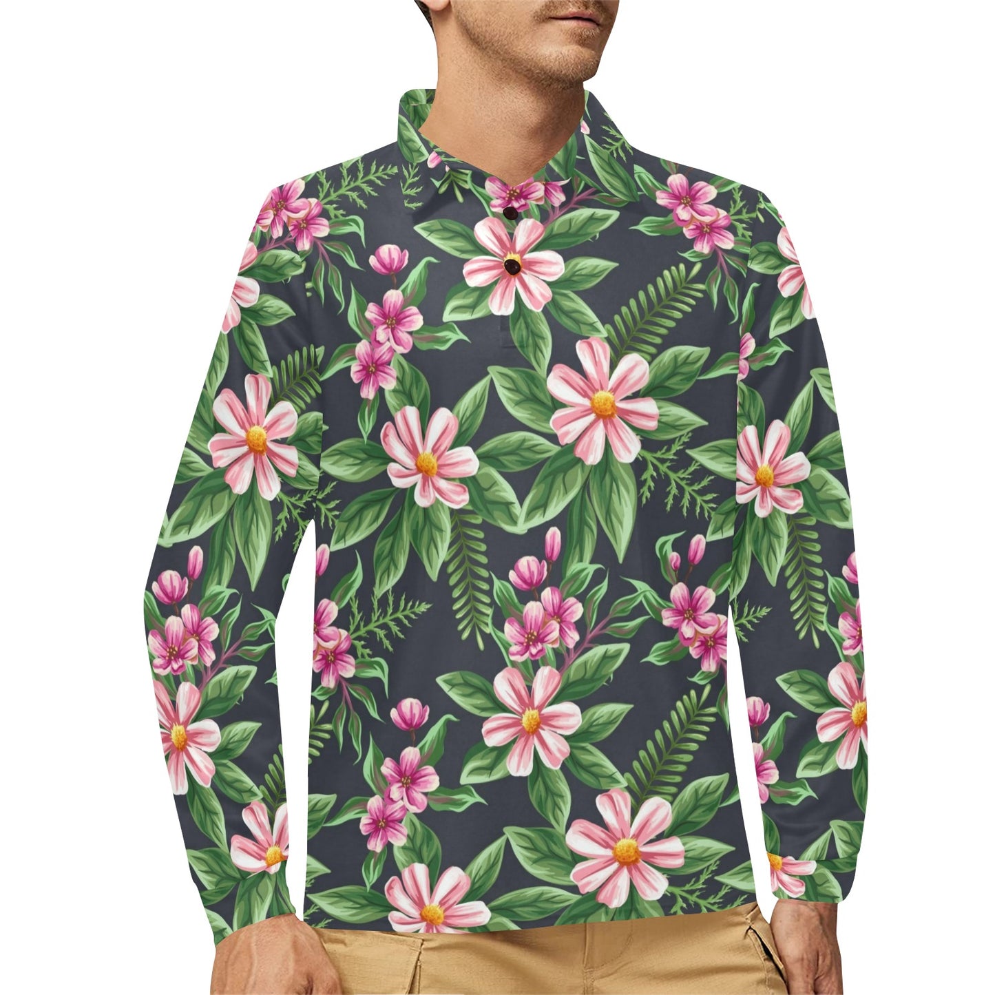 Summer Floral Pattern Print Design SF010 Long Sleeve Polo Shirt For Men's