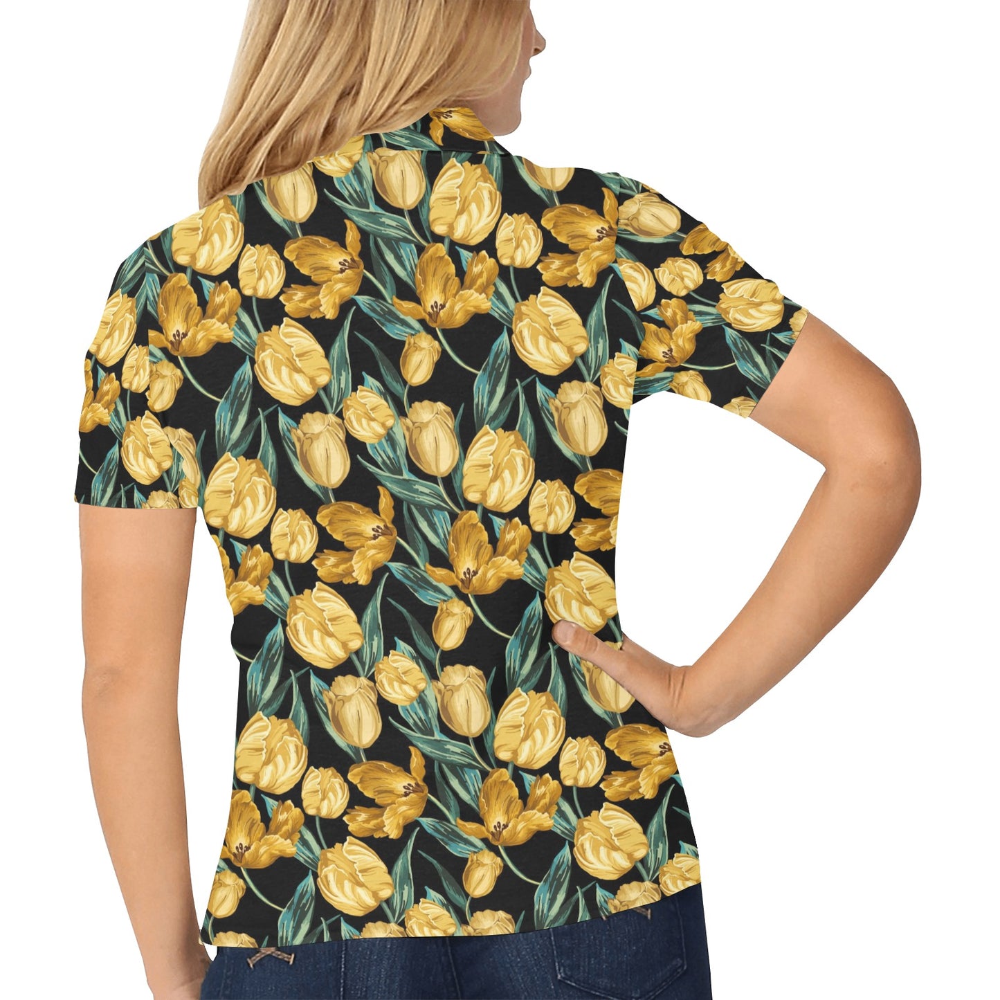 Elegant Yellow Tulip Print Women's Polo Shirt