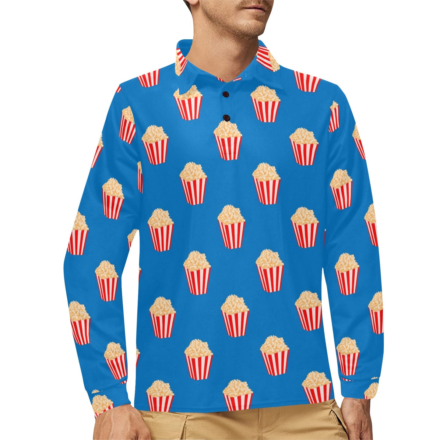 Popcorn Pattern Print Design A04 Long Sleeve Polo Shirt For Men's