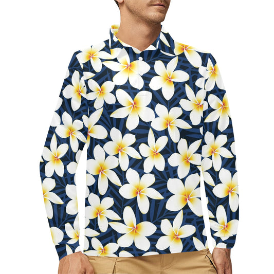 Plumeria Pattern Print Design PM026 Long Sleeve Polo Shirt For Men's