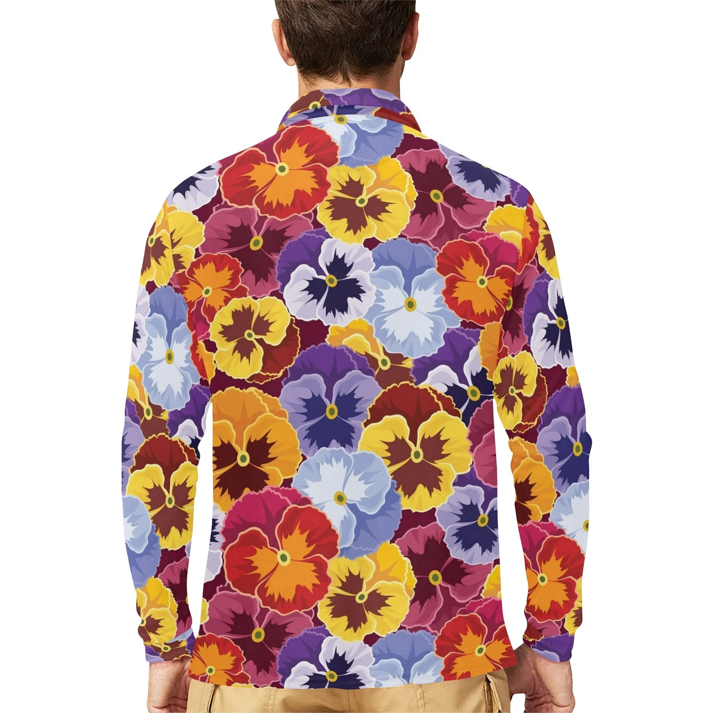 Pansy Pattern Print Design PS01 Long Sleeve Polo Shirt For Men's