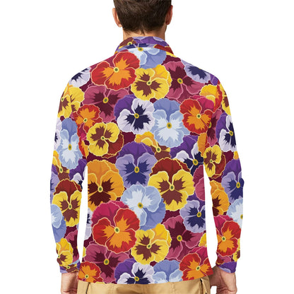 Pansy Pattern Print Design PS01 Long Sleeve Polo Shirt For Men's