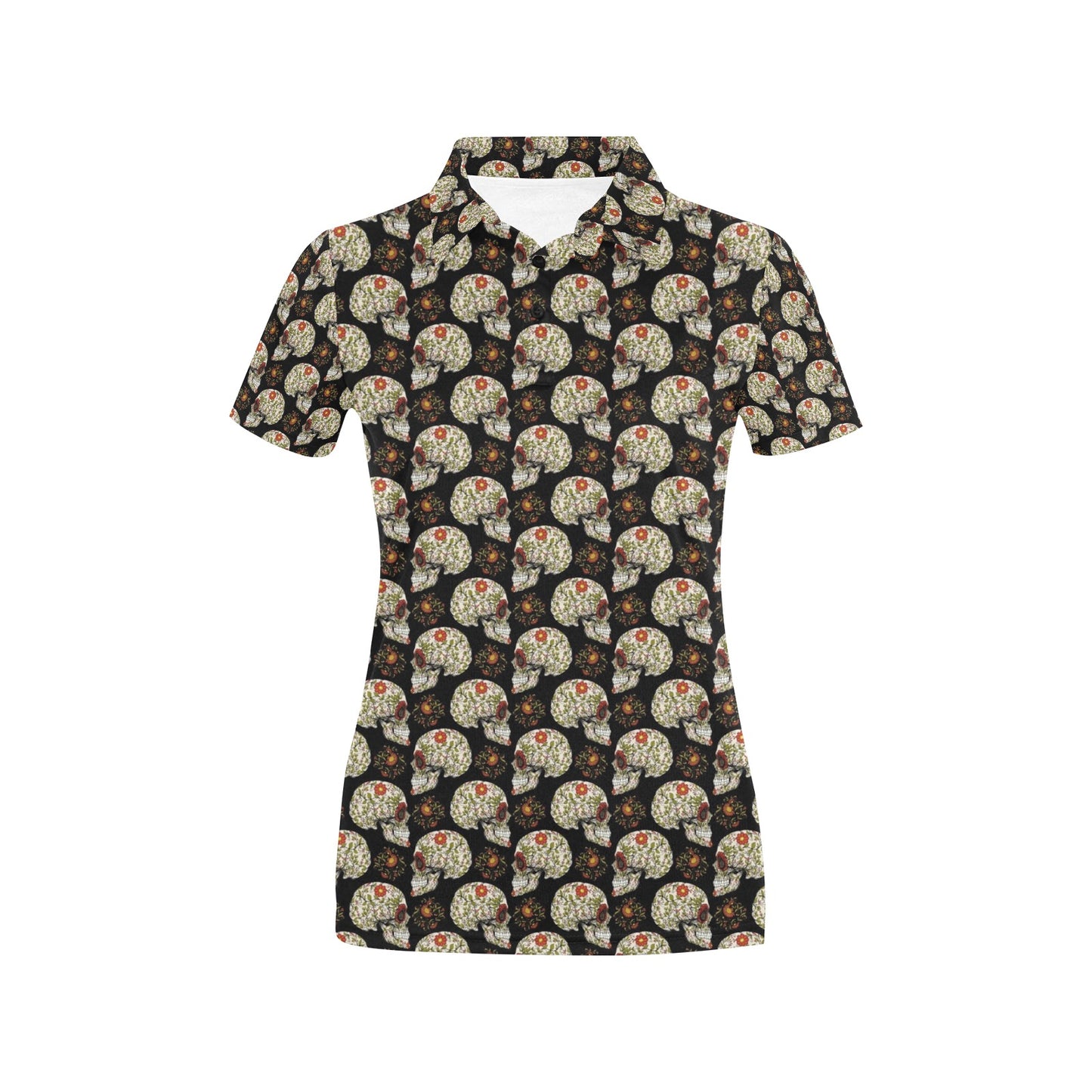 Sugar Skull Flower Design Themed Print Women's Polo Shirt