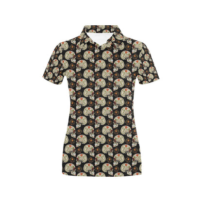 Sugar Skull Flower Design Themed Print Women's Polo Shirt