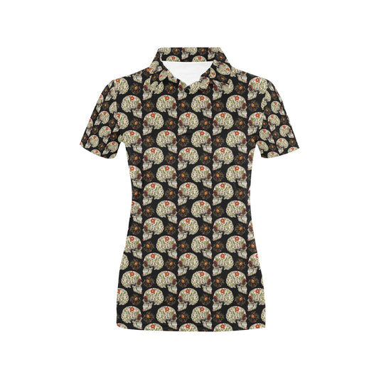 Sugar Skull Flower Design Themed Print Women's Polo Shirt