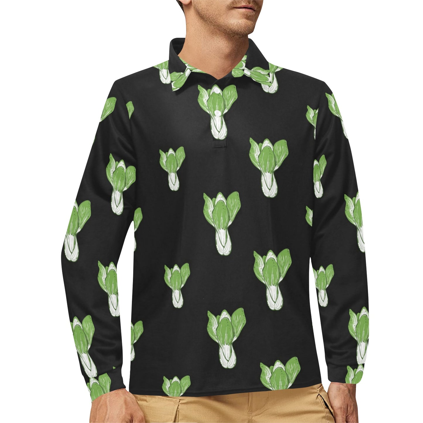 Kale Pattern Print Design 02 Long Sleeve Polo Shirt For Men's