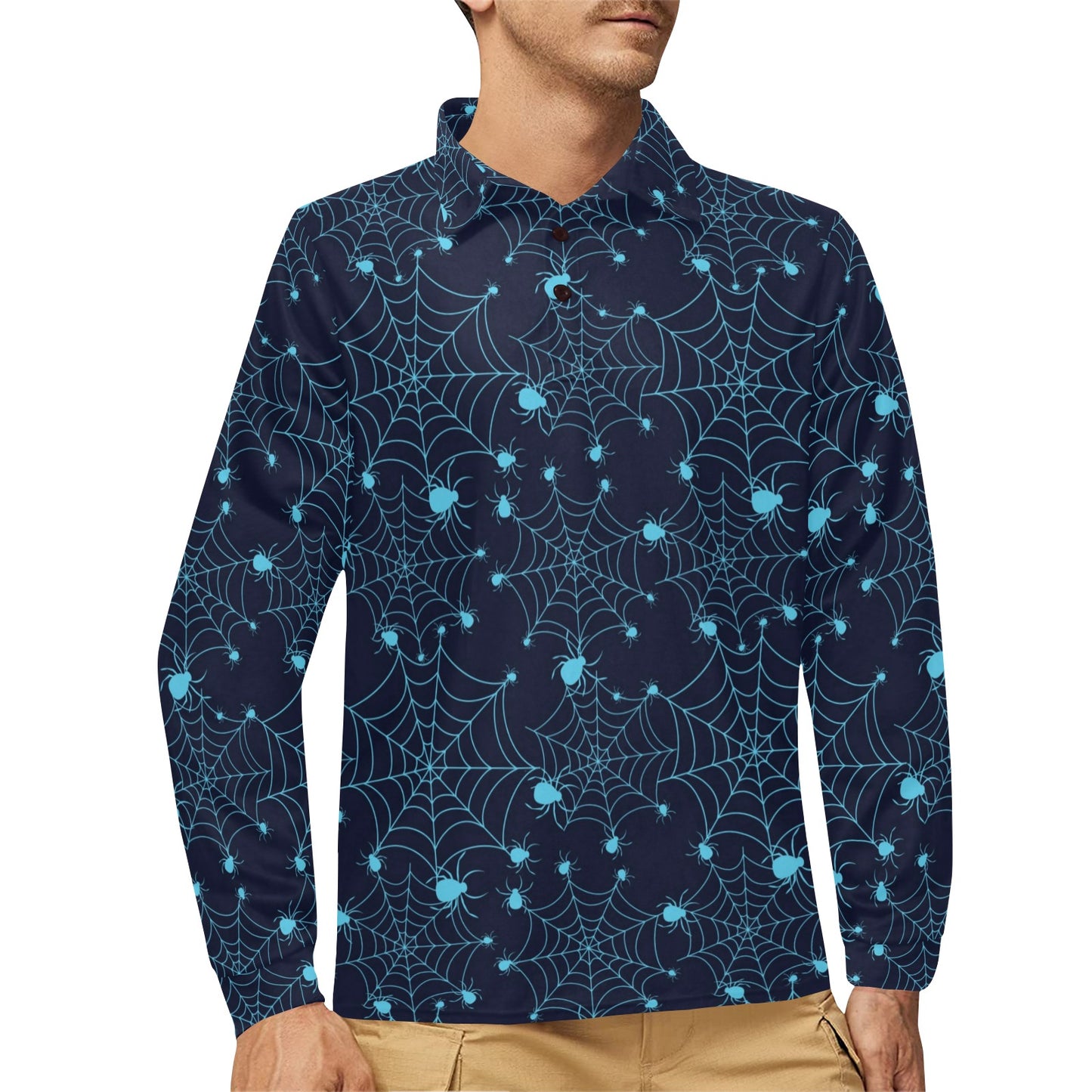 Spider Web Blue Print Design LKS304 Long Sleeve Polo Shirt For Men's