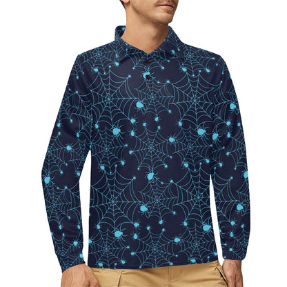 Spider Web Blue Print Design LKS304 Long Sleeve Polo Shirt For Men's