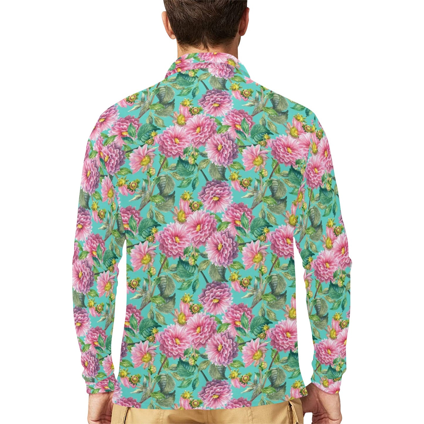 Dahlia Pattern Print Design DH07 Long Sleeve Polo Shirt For Men's