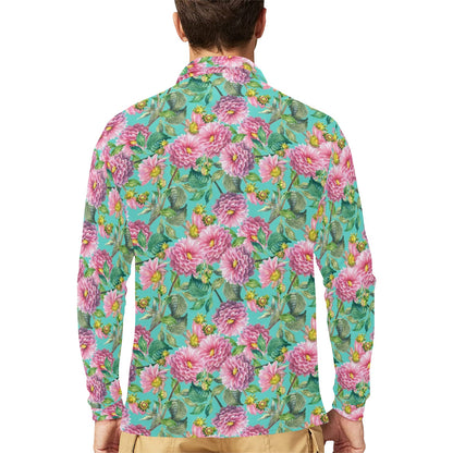 Dahlia Pattern Print Design DH07 Long Sleeve Polo Shirt For Men's