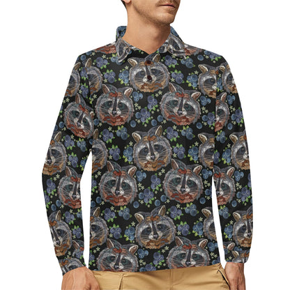 Raccoon Pattern Print Design A03 Long Sleeve Polo Shirt For Men's