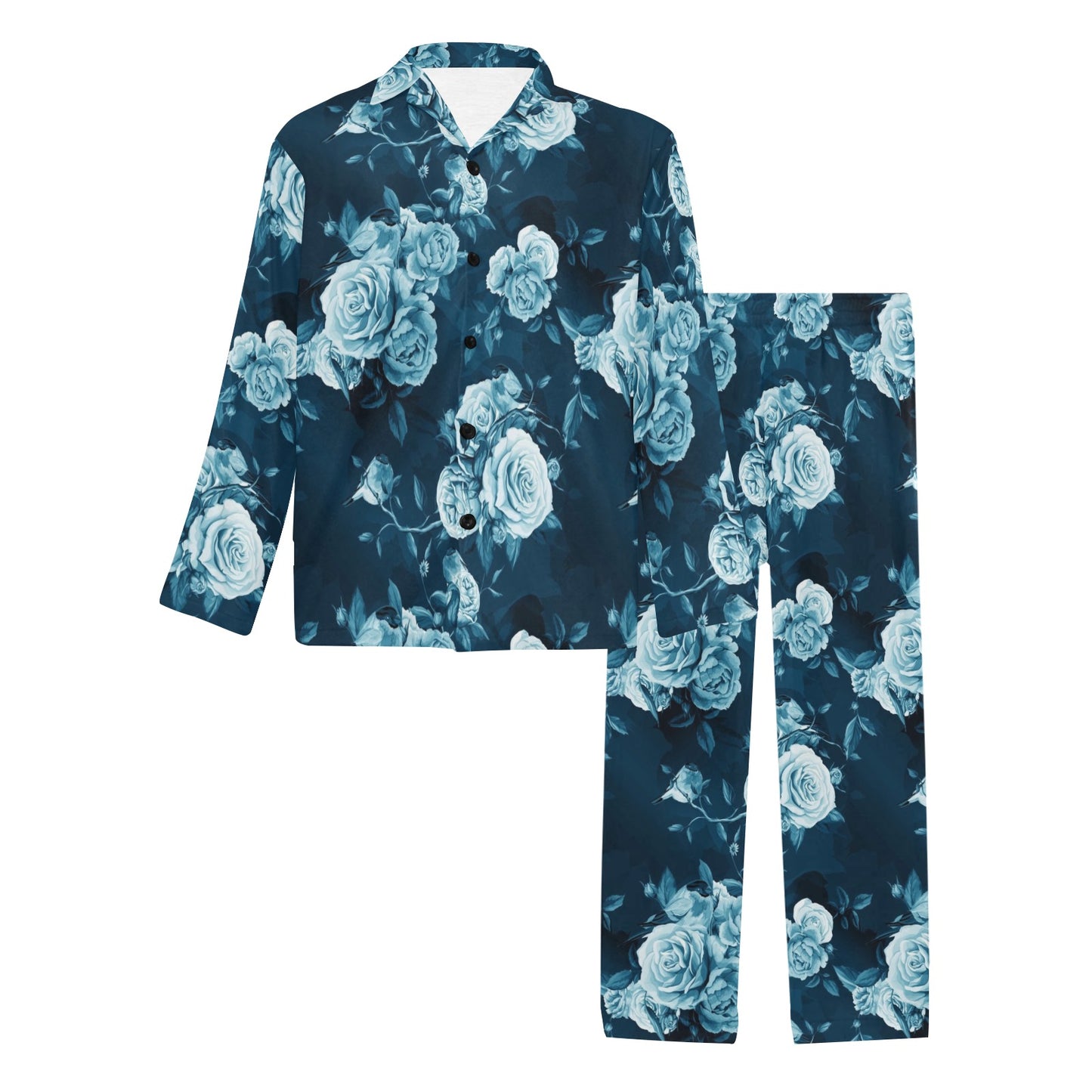 Rose Blue Pattern Print Design RO014 Men's Long Pajama Set
