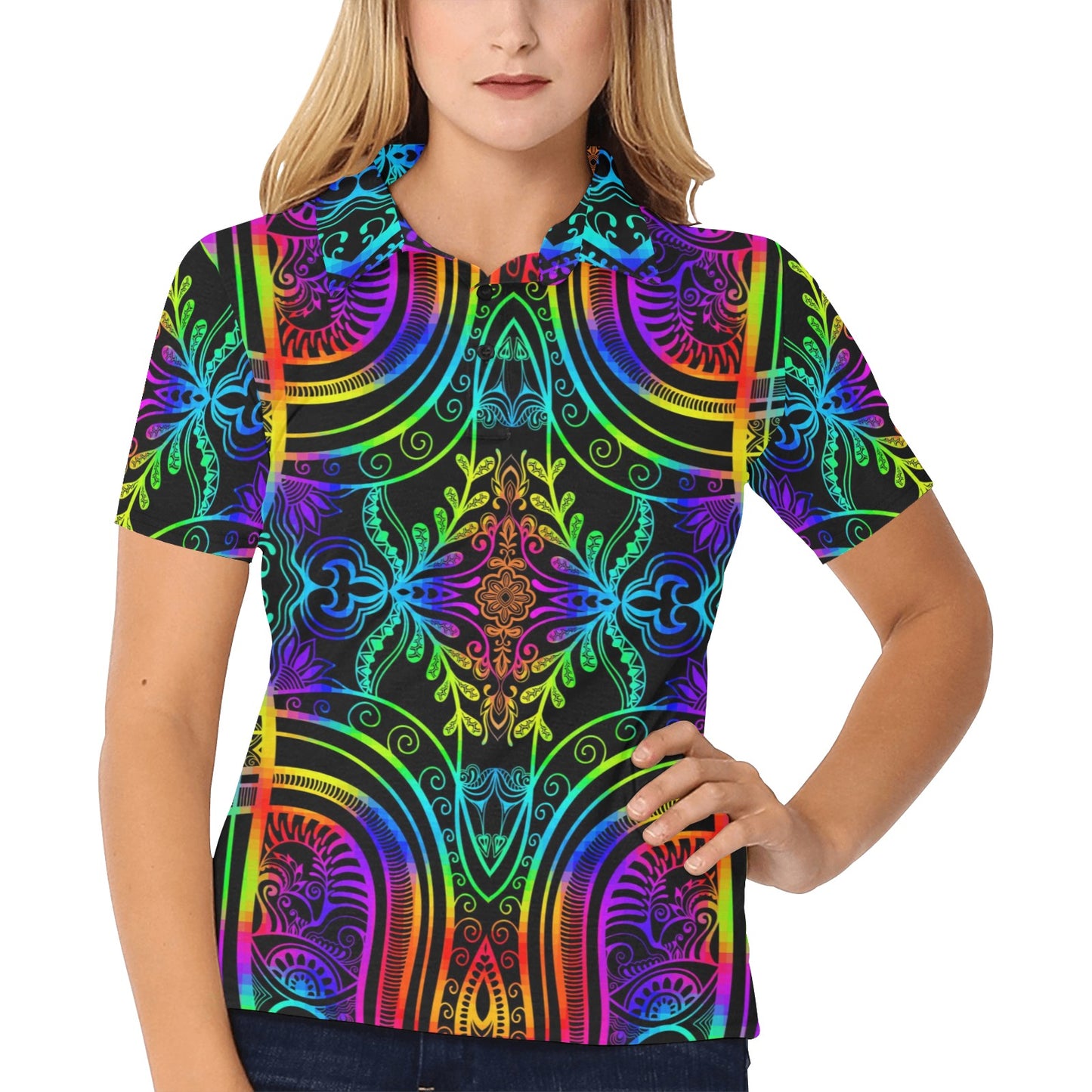 Neon Trible Rainbow Pattern Print Design A01 Women's Polo Shirt