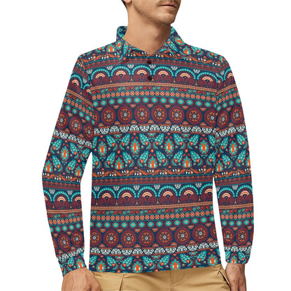 Suzani Print Design LKS302 Long Sleeve Polo Shirt For Men's
