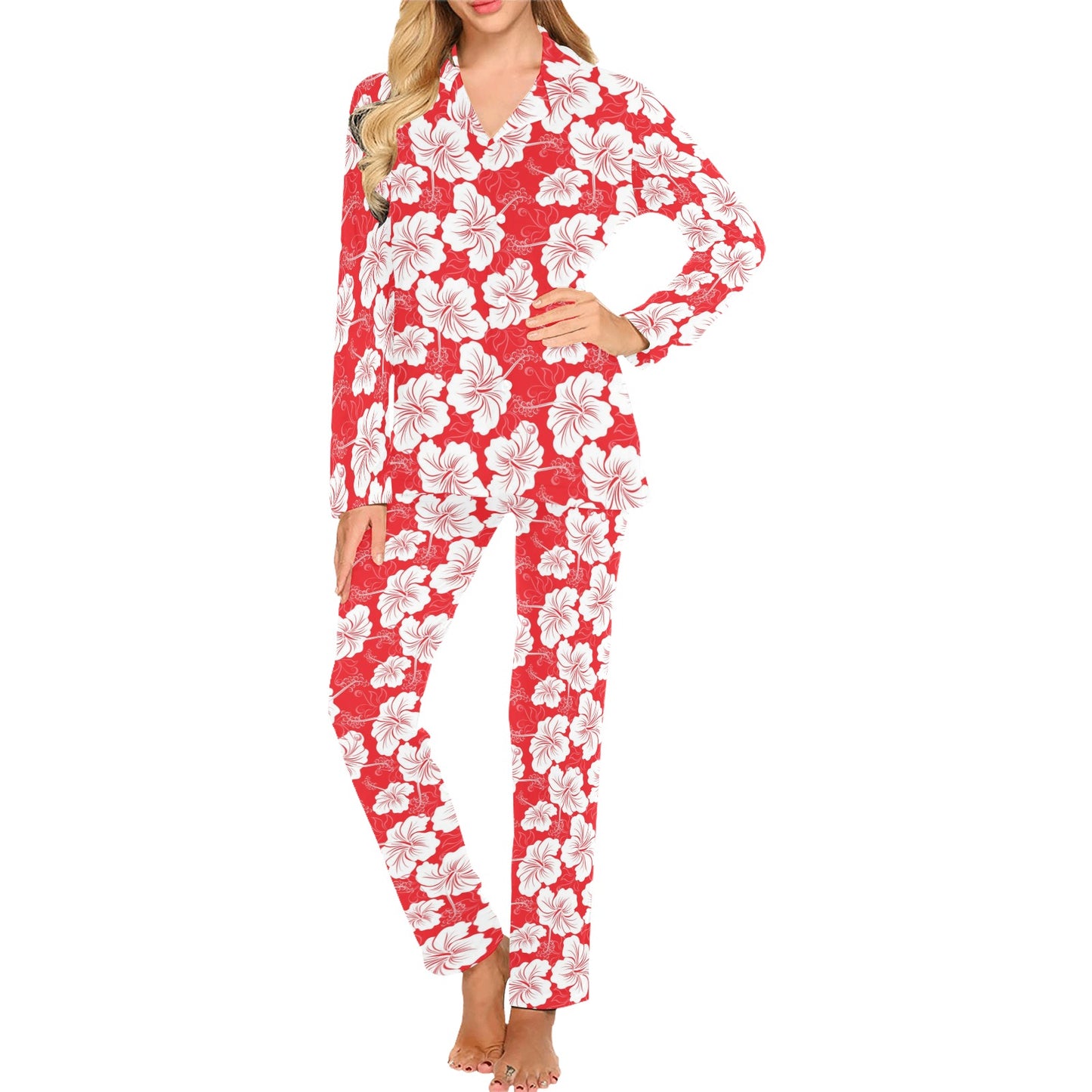 Flower Hawaiian Hibiscus Red Background Print Women's Long Pajama Set