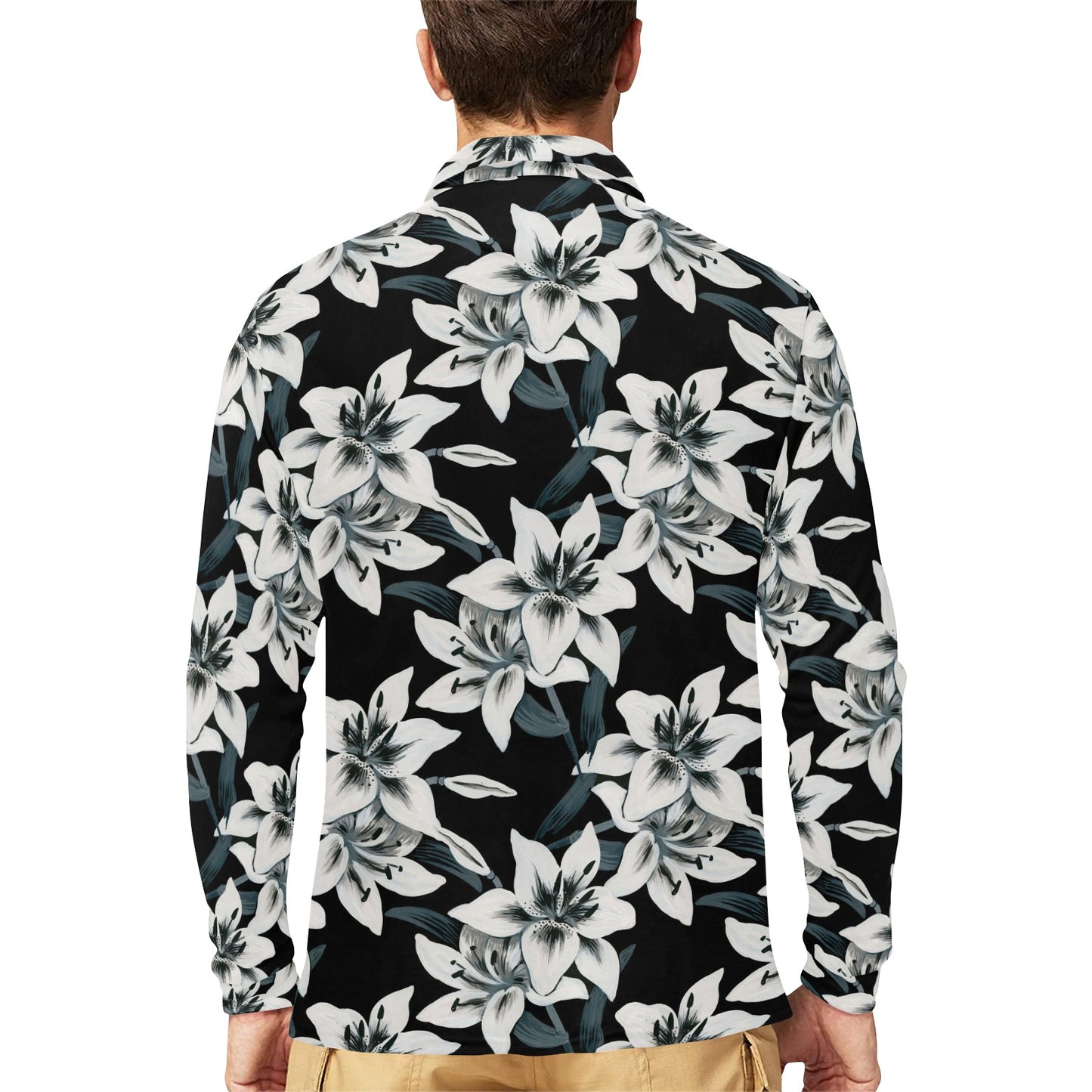 Lily Pattern Print Design 03 Long Sleeve Polo Shirt For Men's