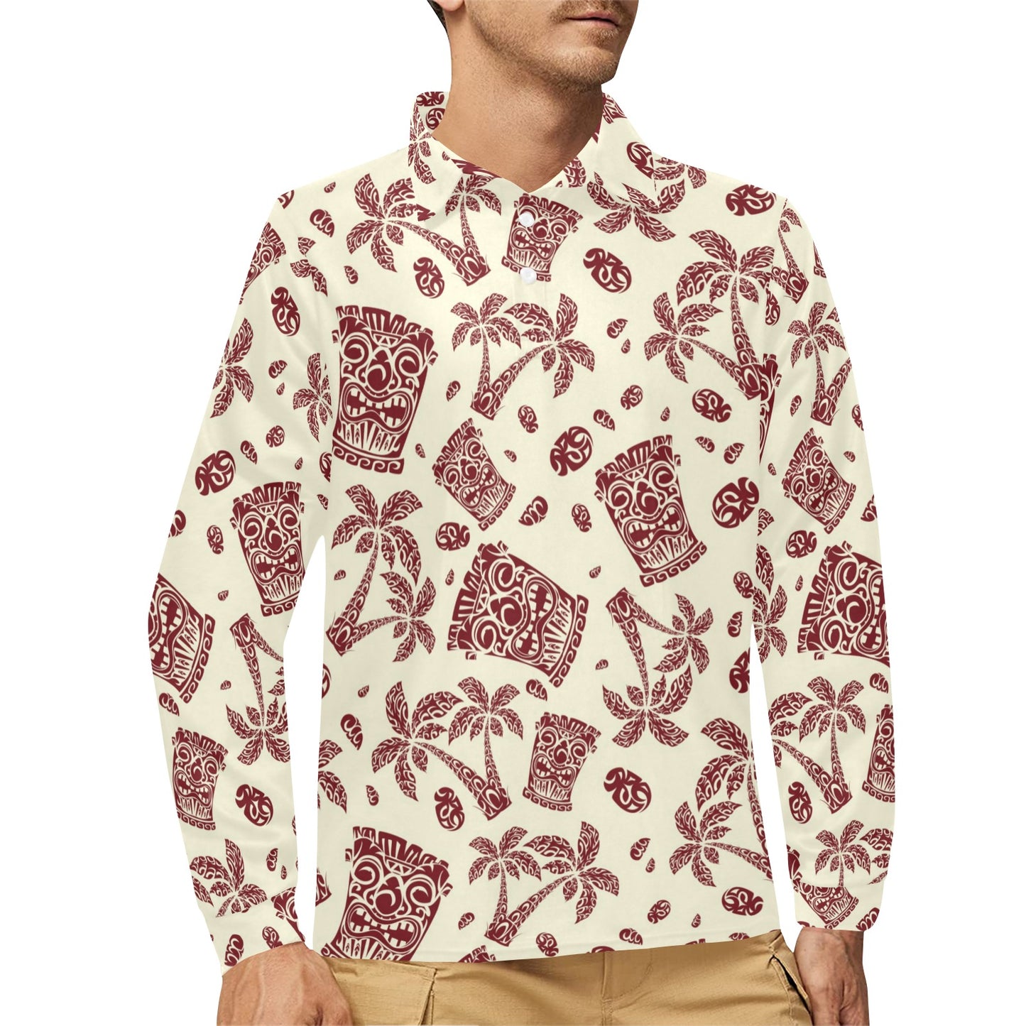 Tiki Tribal Mask Palm Tree Long Sleeve Polo Shirt For Men's