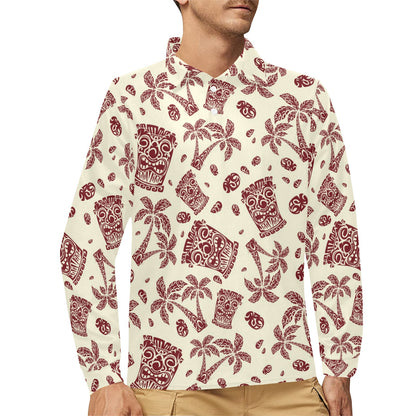 Tiki Tribal Mask Palm Tree Long Sleeve Polo Shirt For Men's