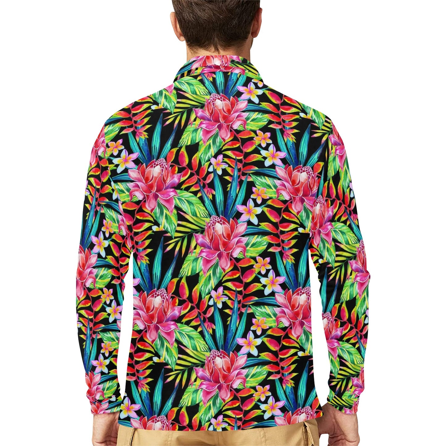 Heliconia Pattern Print Design HL02 Long Sleeve Polo Shirt For Men's