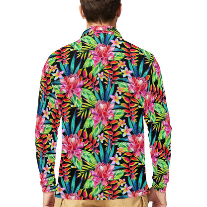 Heliconia Pattern Print Design HL02 Long Sleeve Polo Shirt For Men's