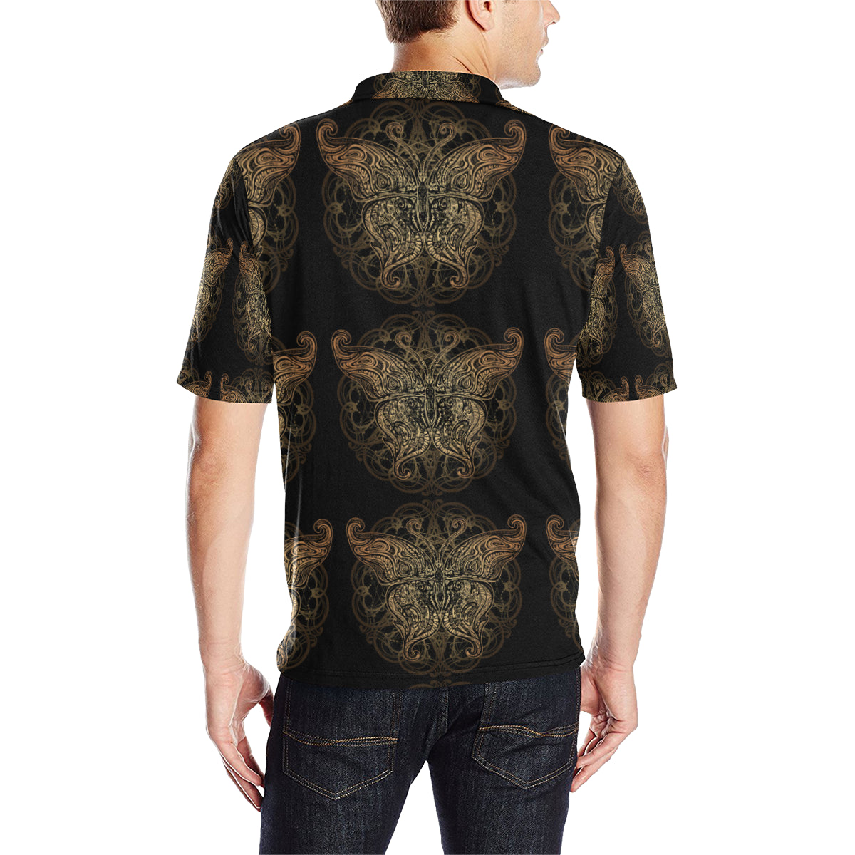 Gold Butterfly Ornamental Men Polo Shirt