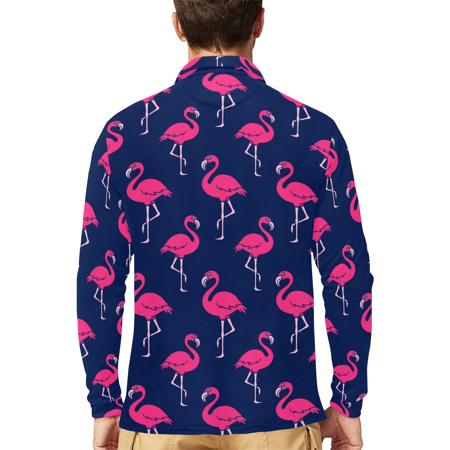 Pink Flamingo Pattern Long Sleeve Polo Shirt For Men's