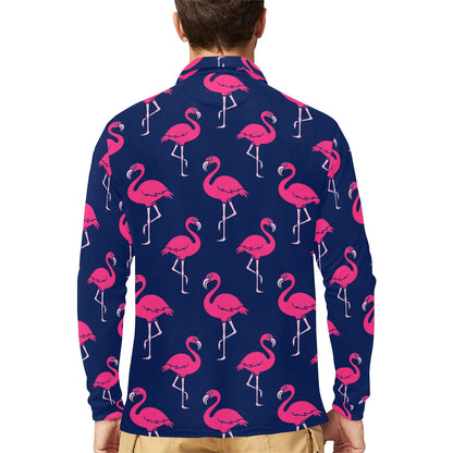 Pink Flamingo Pattern Long Sleeve Polo Shirt For Men's