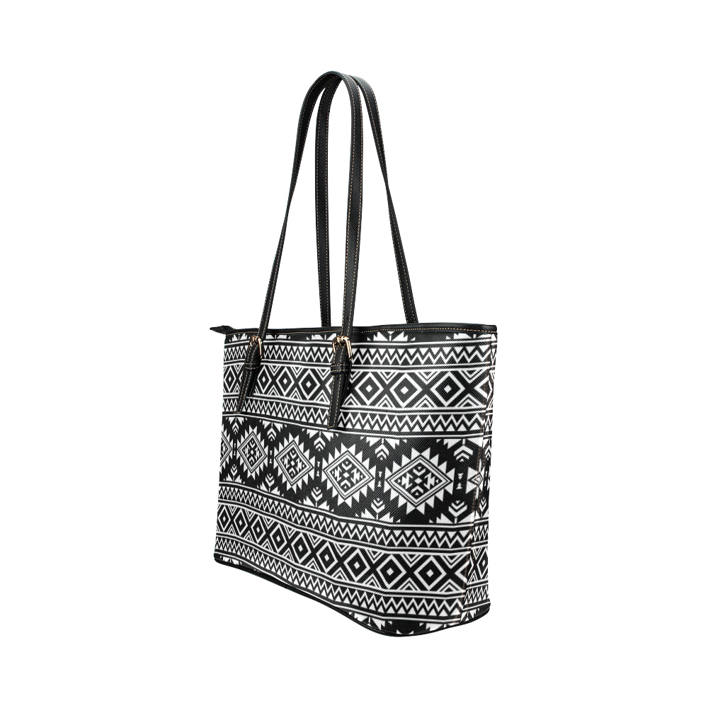 Aztec Black White Print Pattern Leather Tote Bag