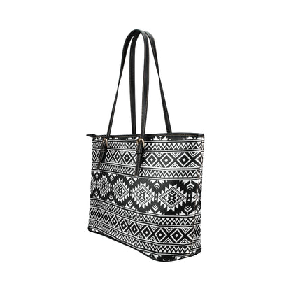 Aztec Black White Print Pattern Leather Tote Bag