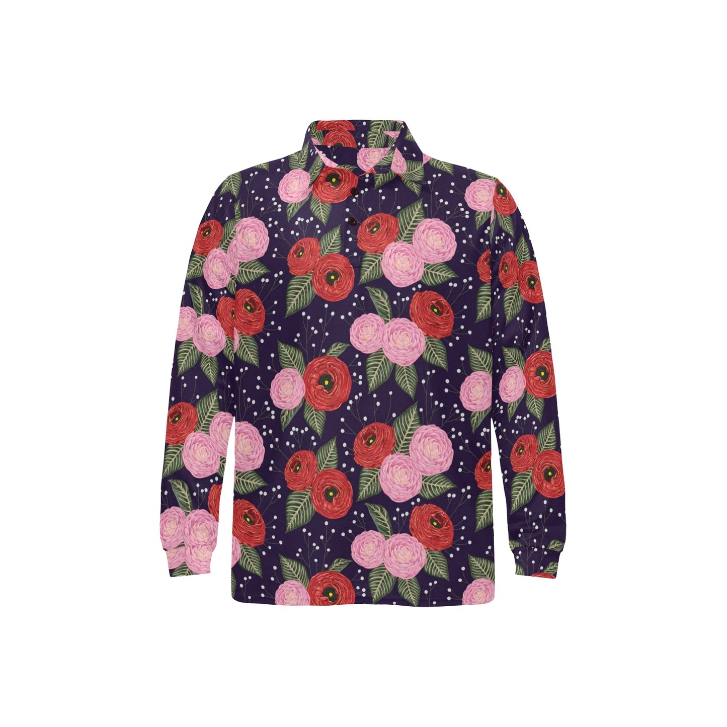 Camellia Pattern Print Design CM02 Long Sleeve Polo Shirt For Men's
