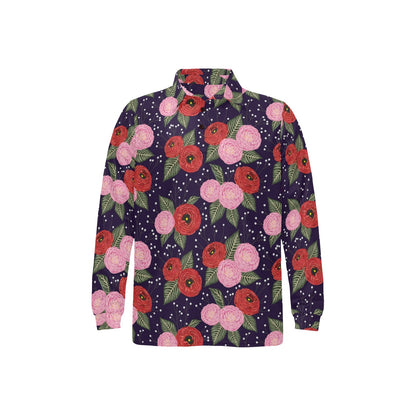 Camellia Pattern Print Design CM02 Long Sleeve Polo Shirt For Men's